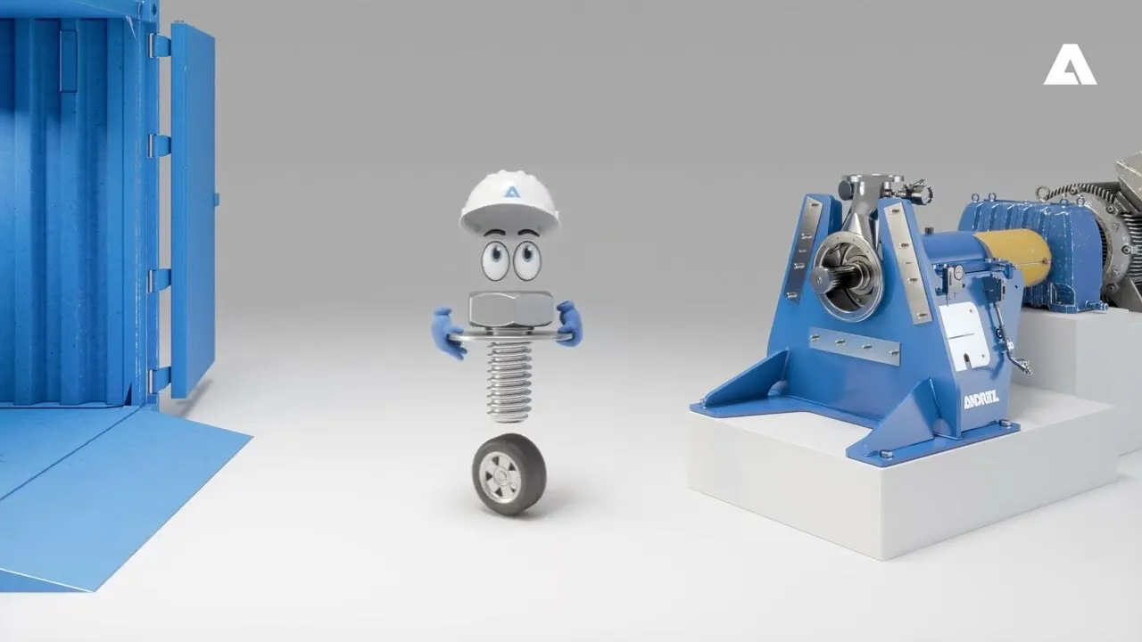 Andy Screw — animierter Andritz-Service-Mitarbeiter vor einem LC Refiner