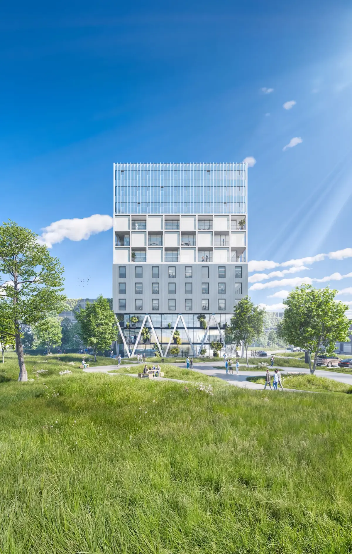 BTS Business Tower Styria — Außenansicht mit Himmel und Wiese