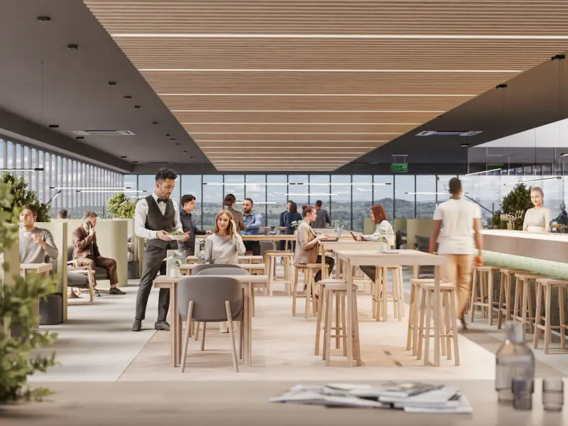Interior Rendering Business Tower Styria — Gastronomie-Bereich für Immovate, 3D Visualisierung