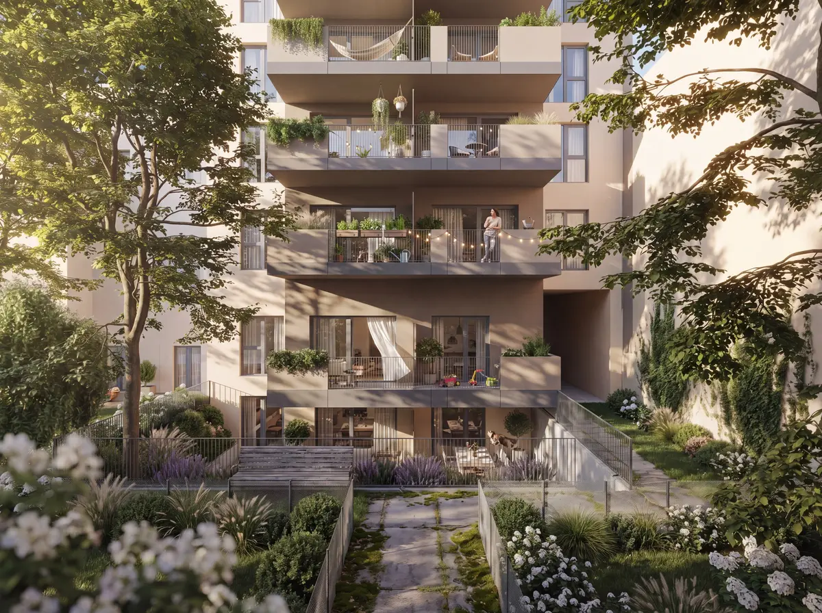 Anton-Störck-Gasse 88 — begrünter Innenhof mit Balkonen und Terrassen 3D Visualisierung