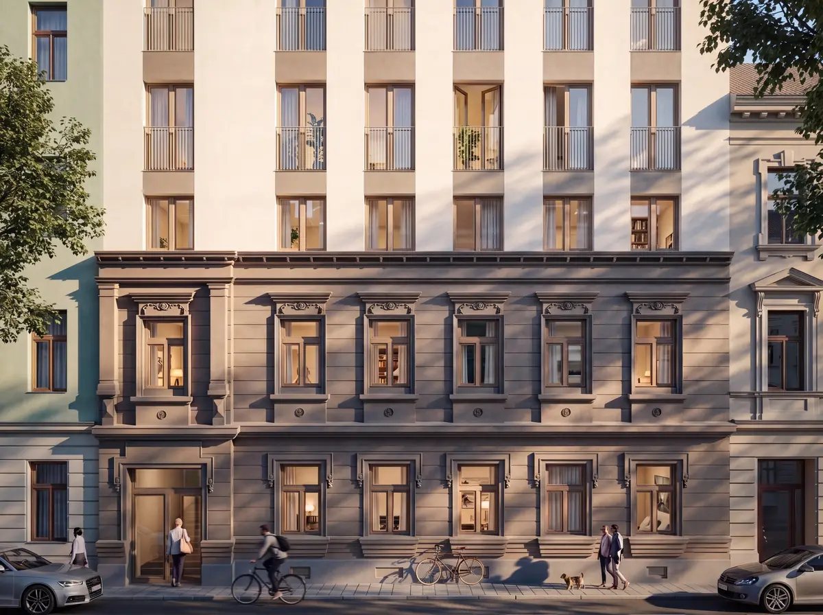 Anton-Störck-Gasse 88 — Straßenfassade mit saniertem Gründerzeit-Sockel 3D Visualisierung