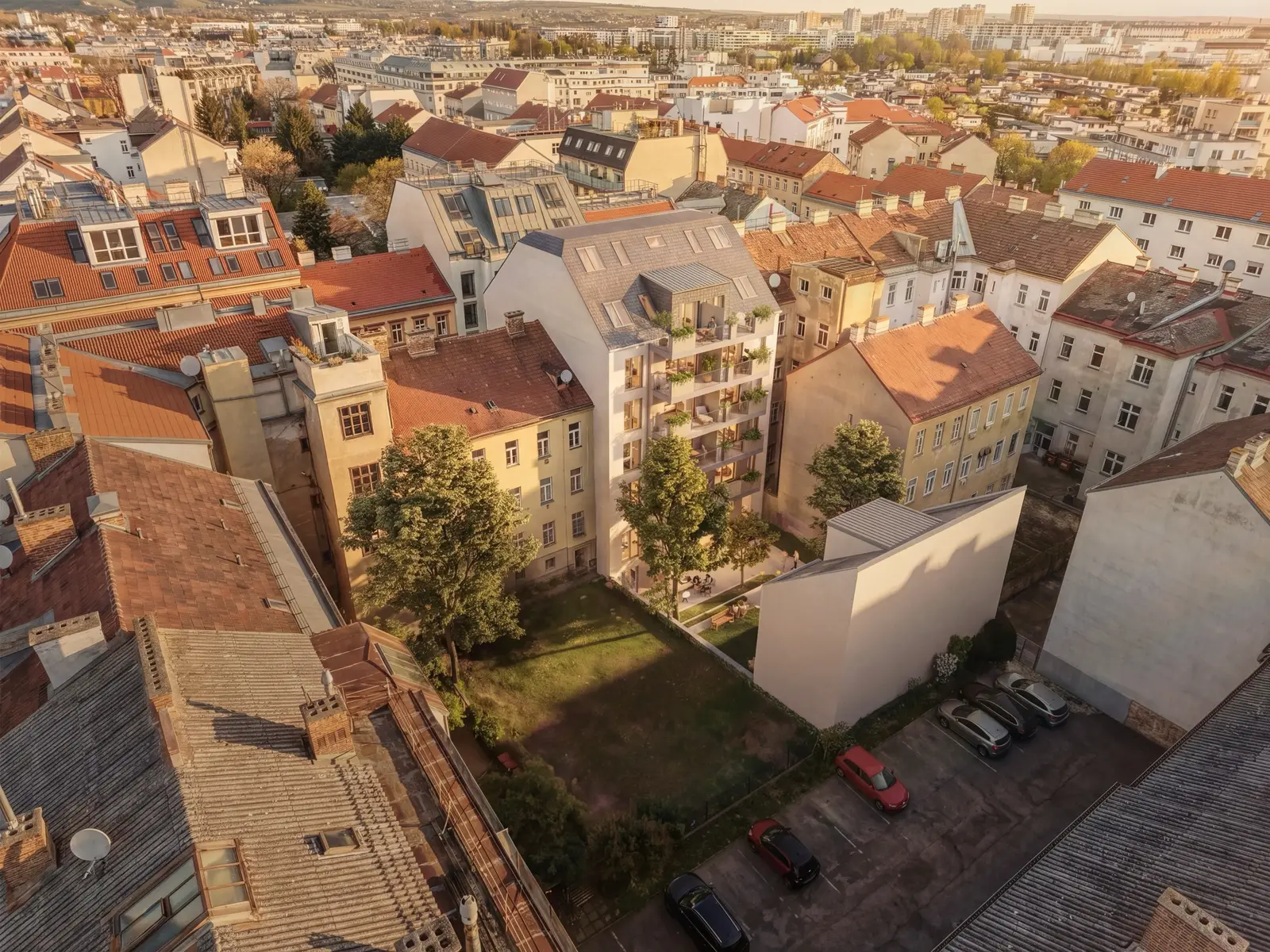 Drohnen-Fotomontage: Rendering eines Wohnbauprojekts, eingebettet in die reale Umgebung