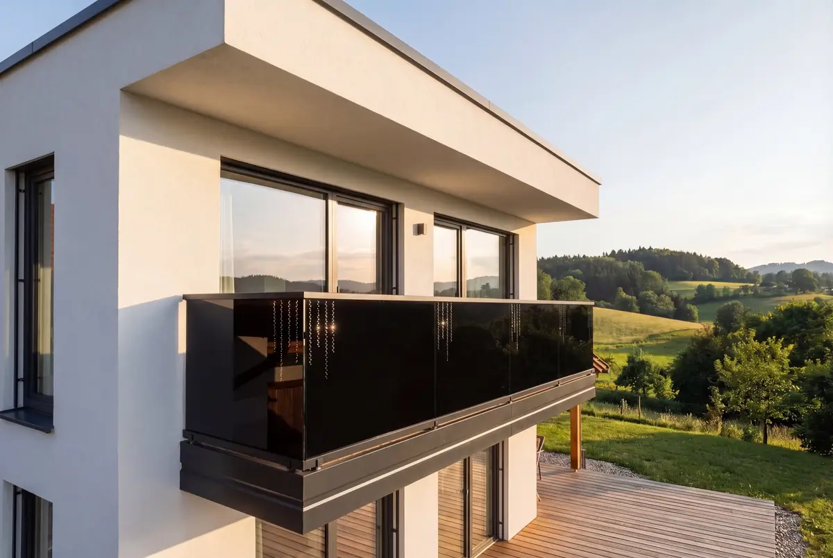 Leeb Balkone — Glasgeländer mit dunklem Glas und Kristalldekor, Produktvisualisierung