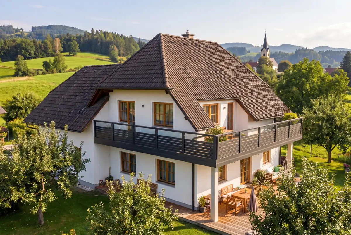 Leeb Balkone — Alu-Geländer in Holzoptik am Hanghaus, Produktvisualisierung