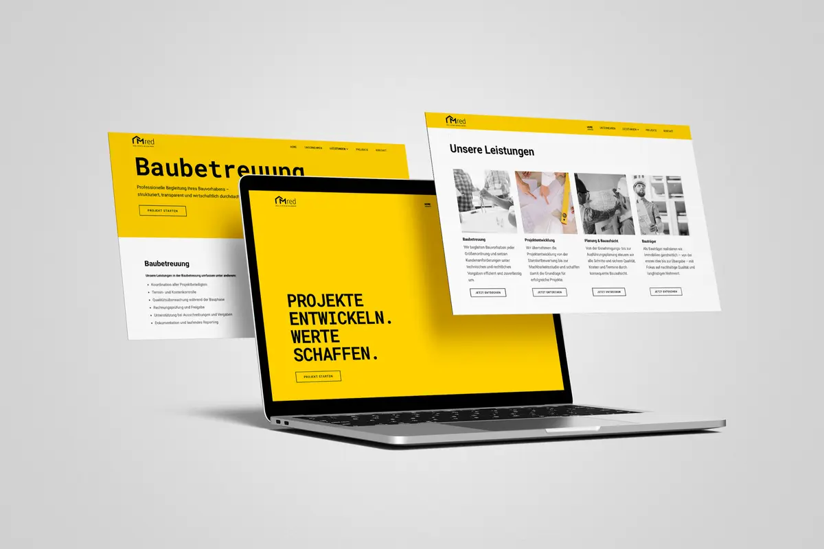 M RED — Website-Mockup mit Startseite und Leistungsseiten