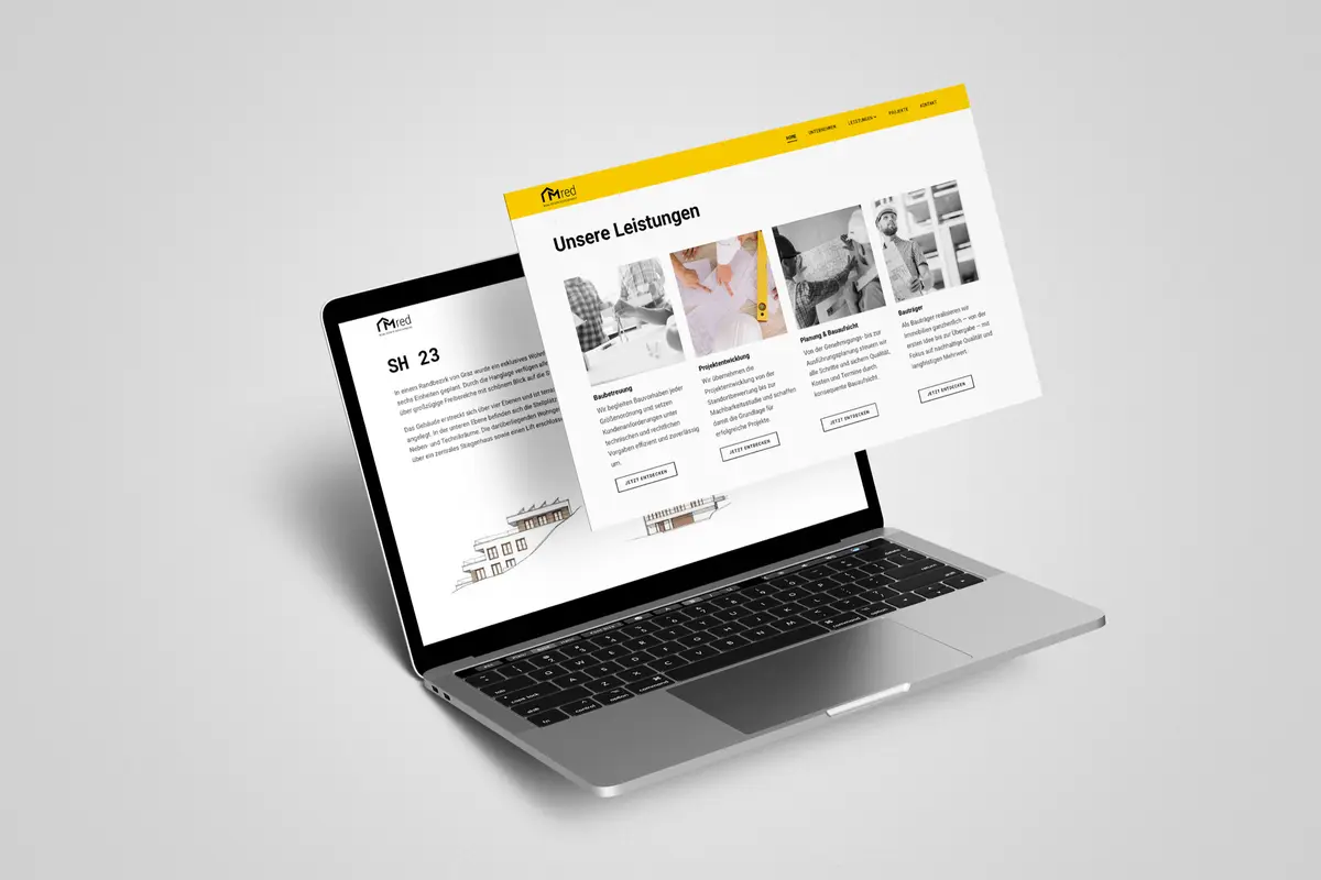 M RED — Website-Mockup mit Projektseite „SH 23"