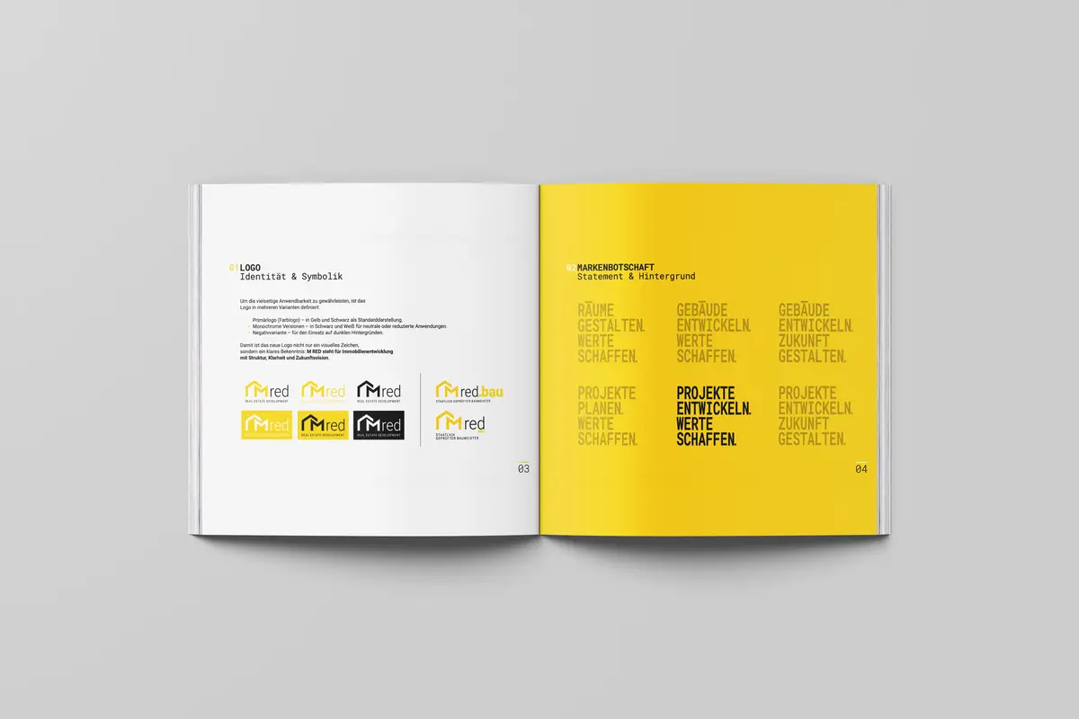 M RED — Brand Manual, Doppelseiten zu Logo und Markenbotschaft