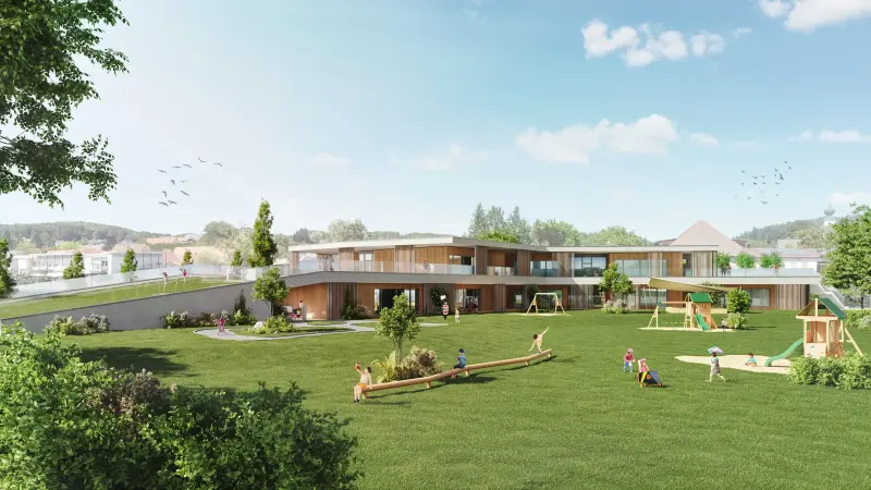 Exterior Rendering Kindergarten Markt Hartmannsdorf — Steiermark, 3D Visualisierung mit Spielbereich