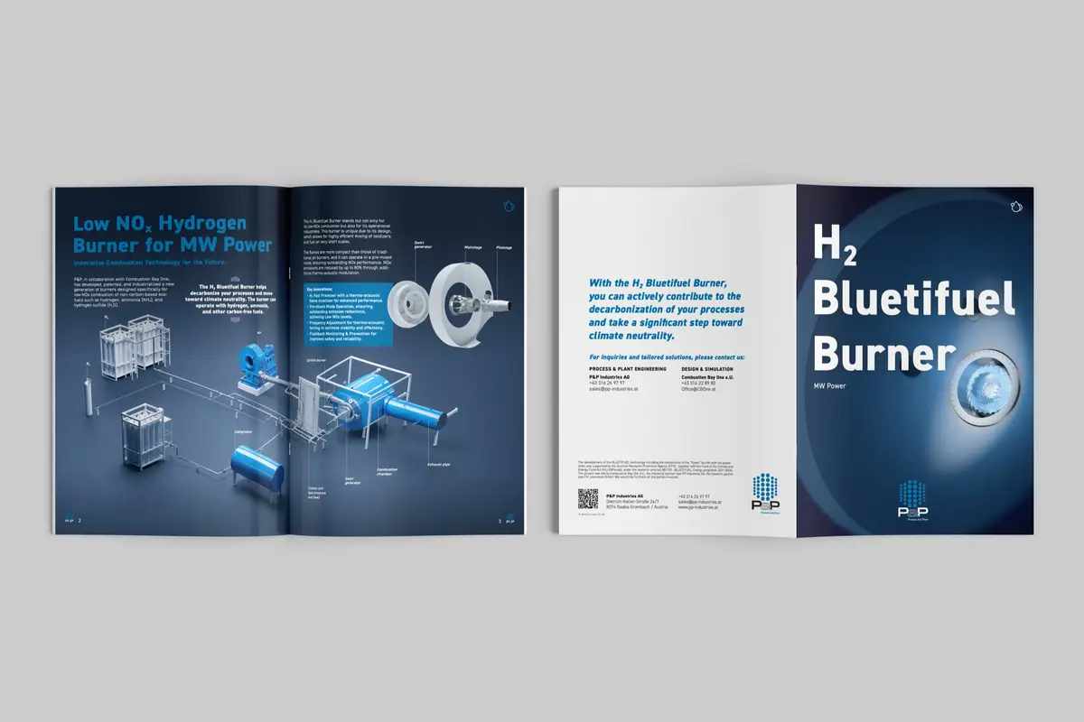 P&P Industries H2 Bluetifuel Burner — Doppelseite mit 3D-Rendering
