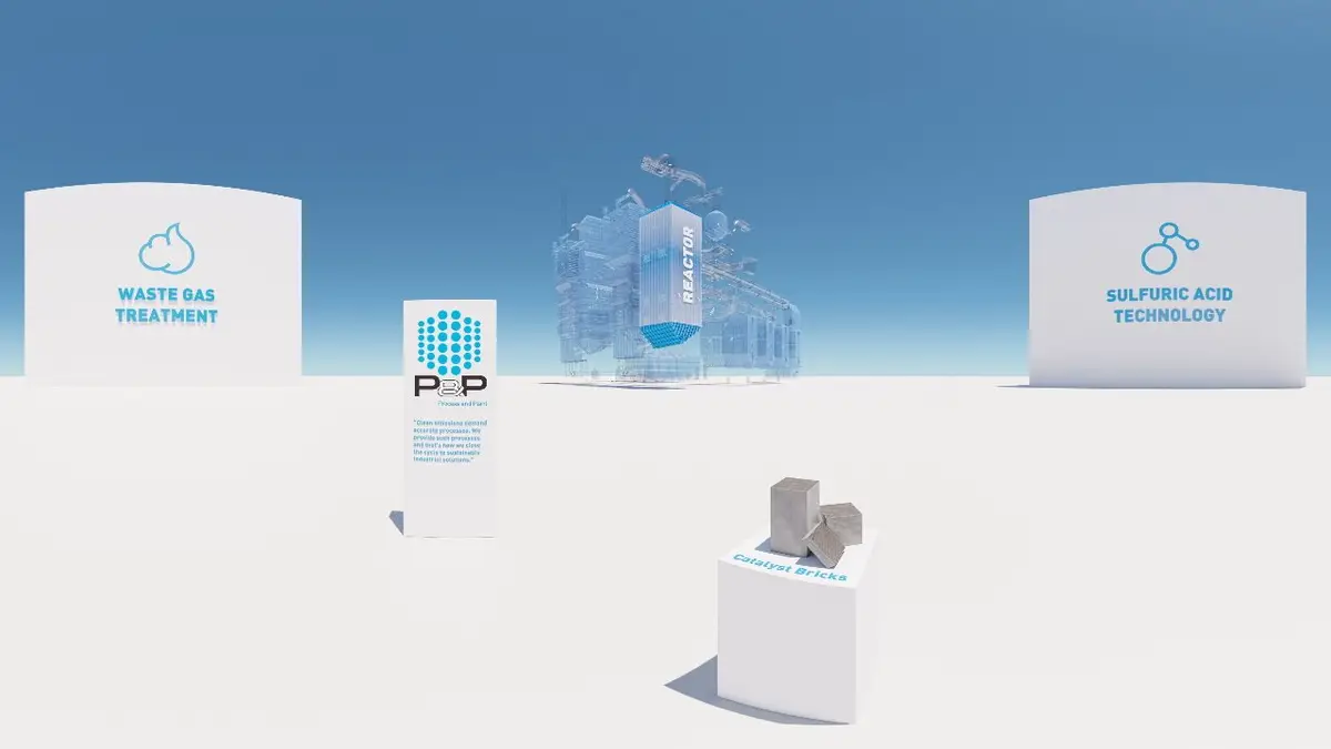 P&P Industries Catalysts VR — kompletter Showroom mit Reaktor, Catalyst-Bricks und Bereichs-Stelen