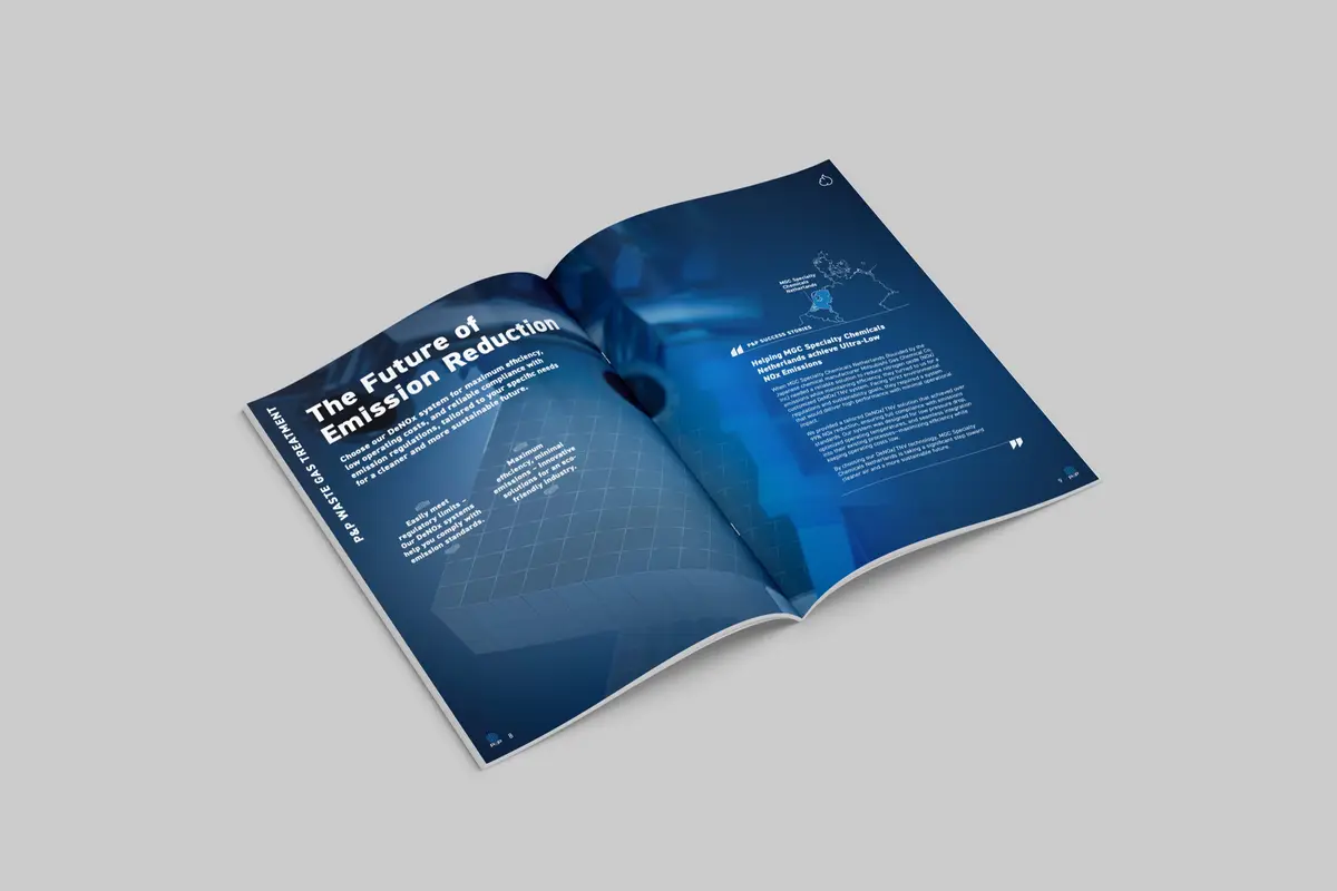 P&P Industries DeNOx System — Broschüren-Cover mit Design-Beispiel