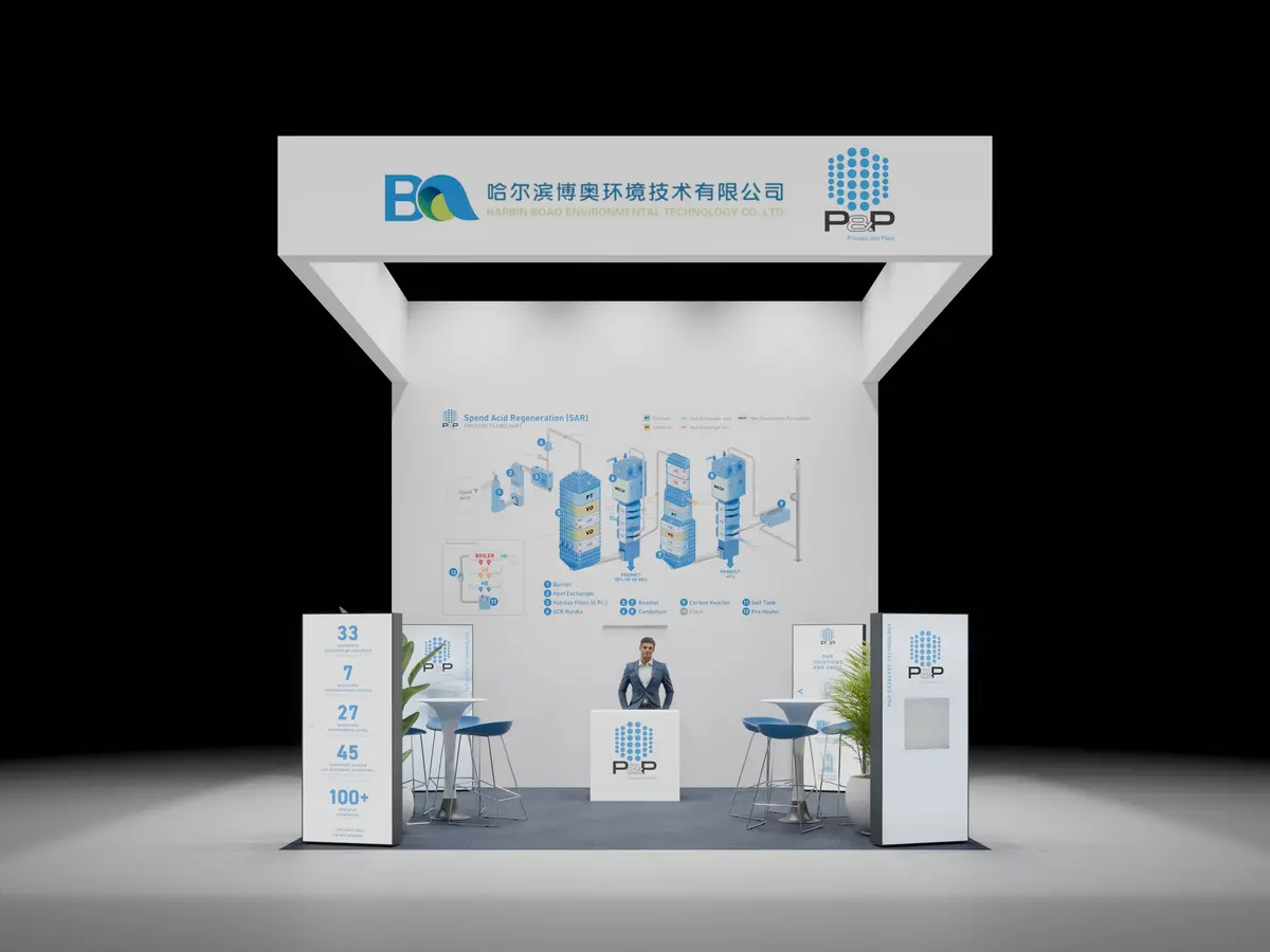 P&P Industries Messestand — Frontalansicht, Rendering