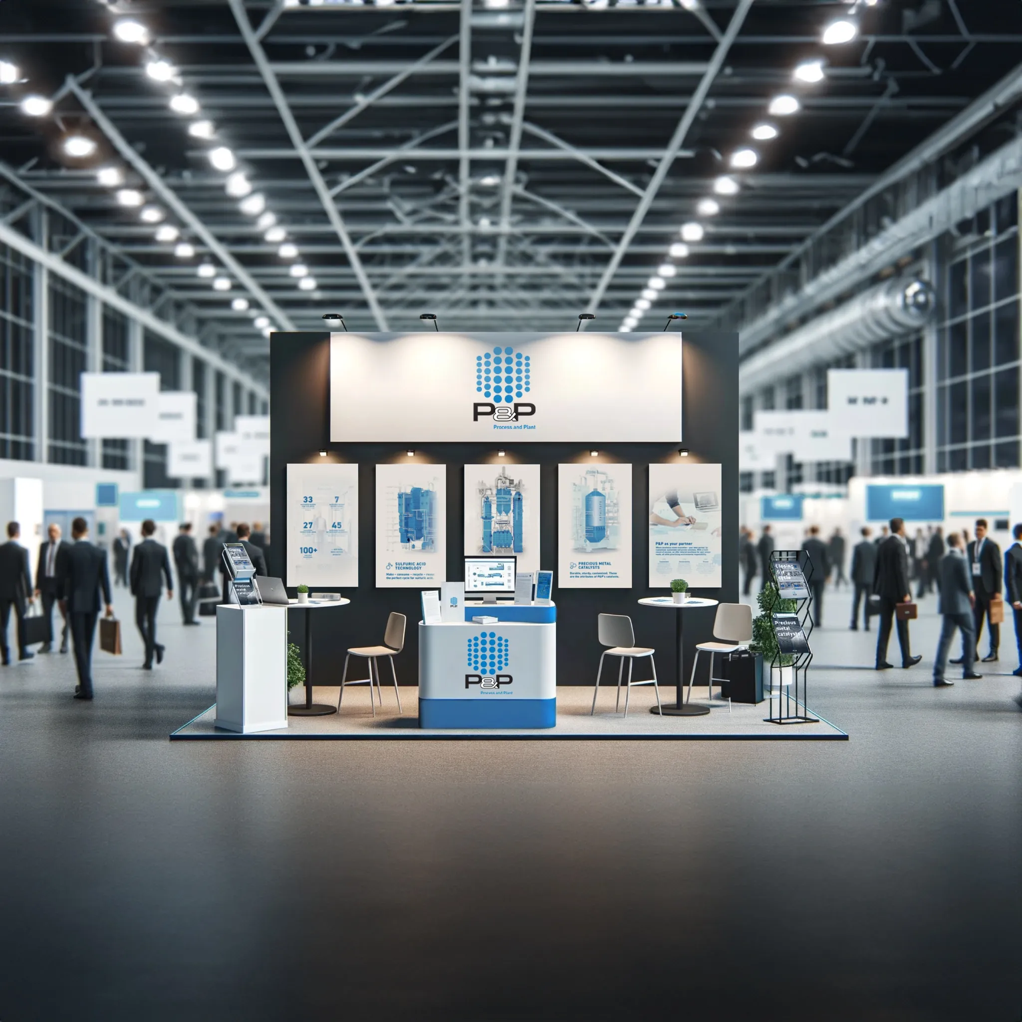 P&P Industries Messestand — fotorealistisches Rendering in der Messehalle