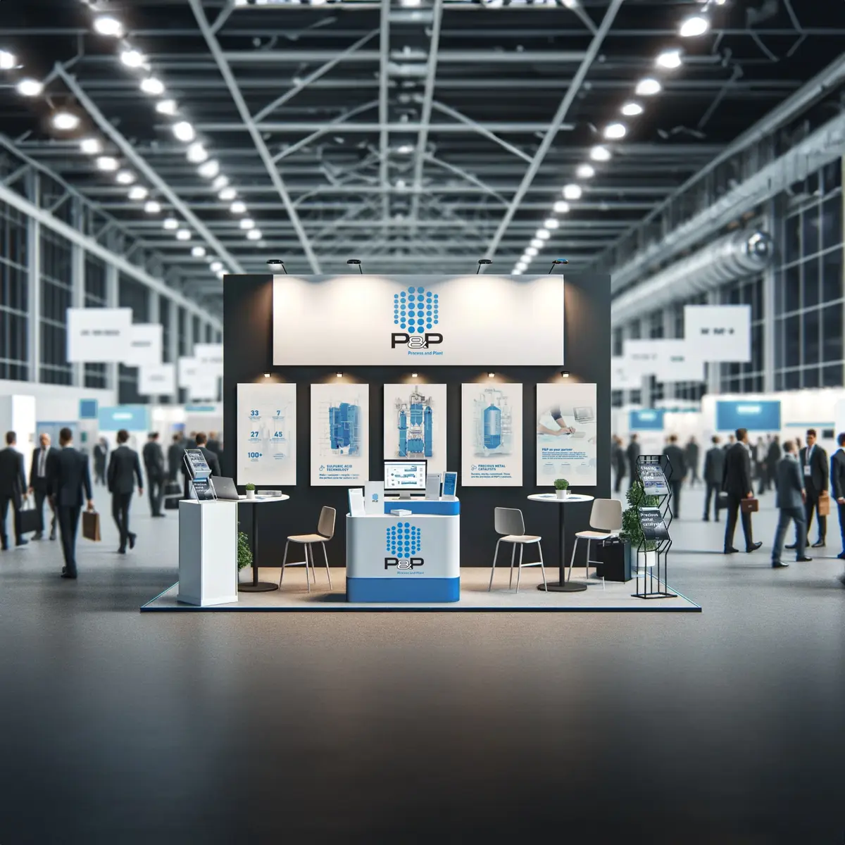 P&P Industries Messestand — fotorealistisches Rendering in der Messehalle