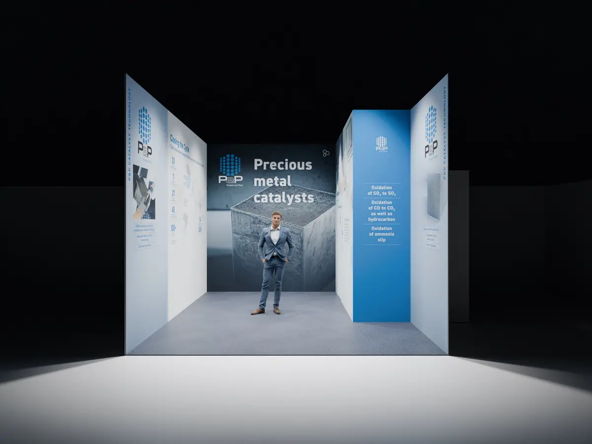 P&P Industries ACHEMA-Messestand — Frontalansicht, Rendering