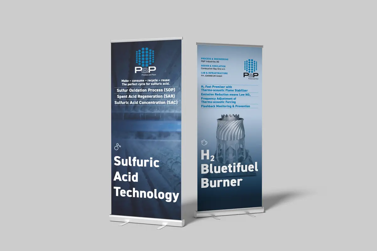 P&P Industries — Rollup-Banner „Sulfuric Acid Technology" und „H2 Bluetifuel Burner"