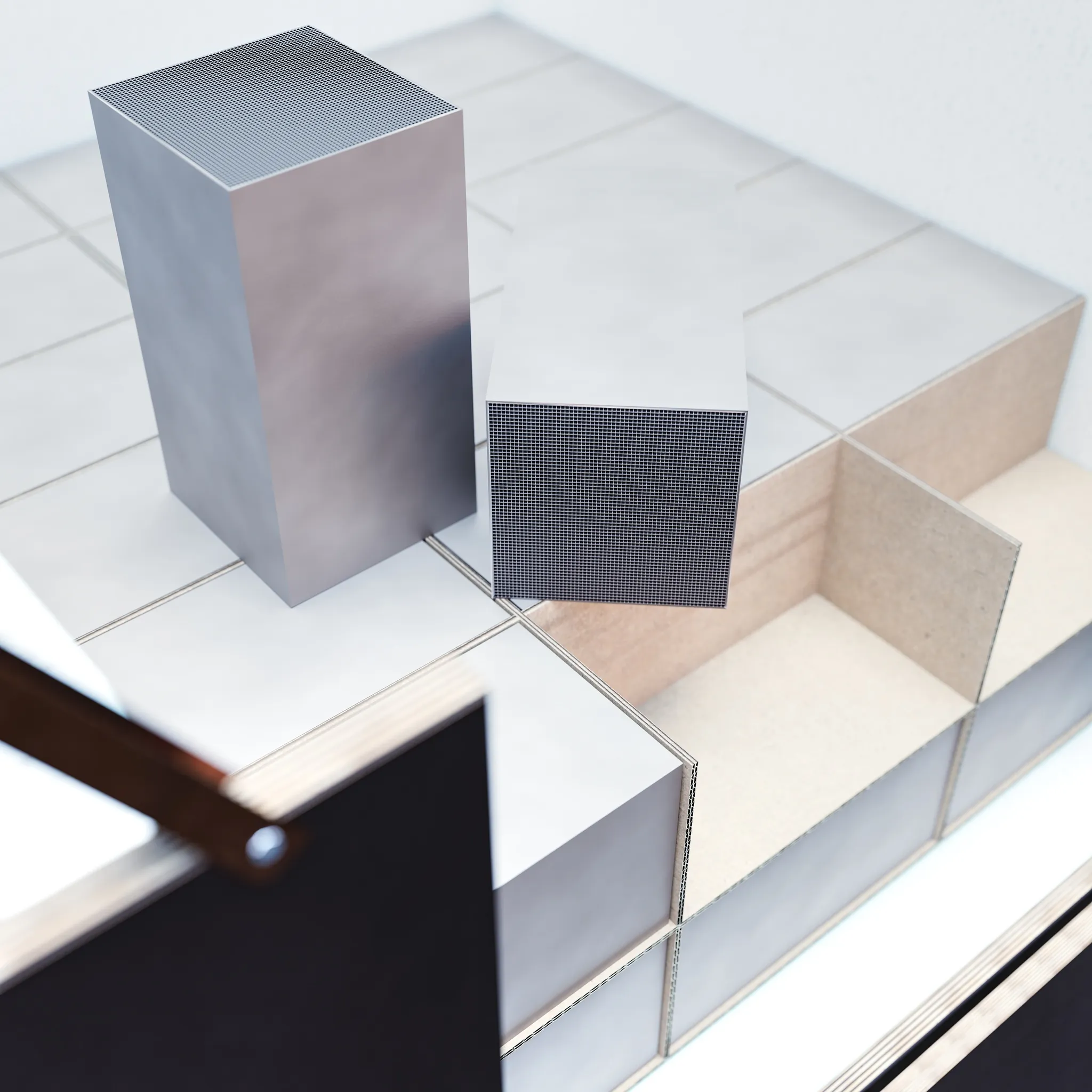 P&P Industries — Katalysator-Bricks in der Transportkiste mit Fächereinteilung, 3D-Rendering