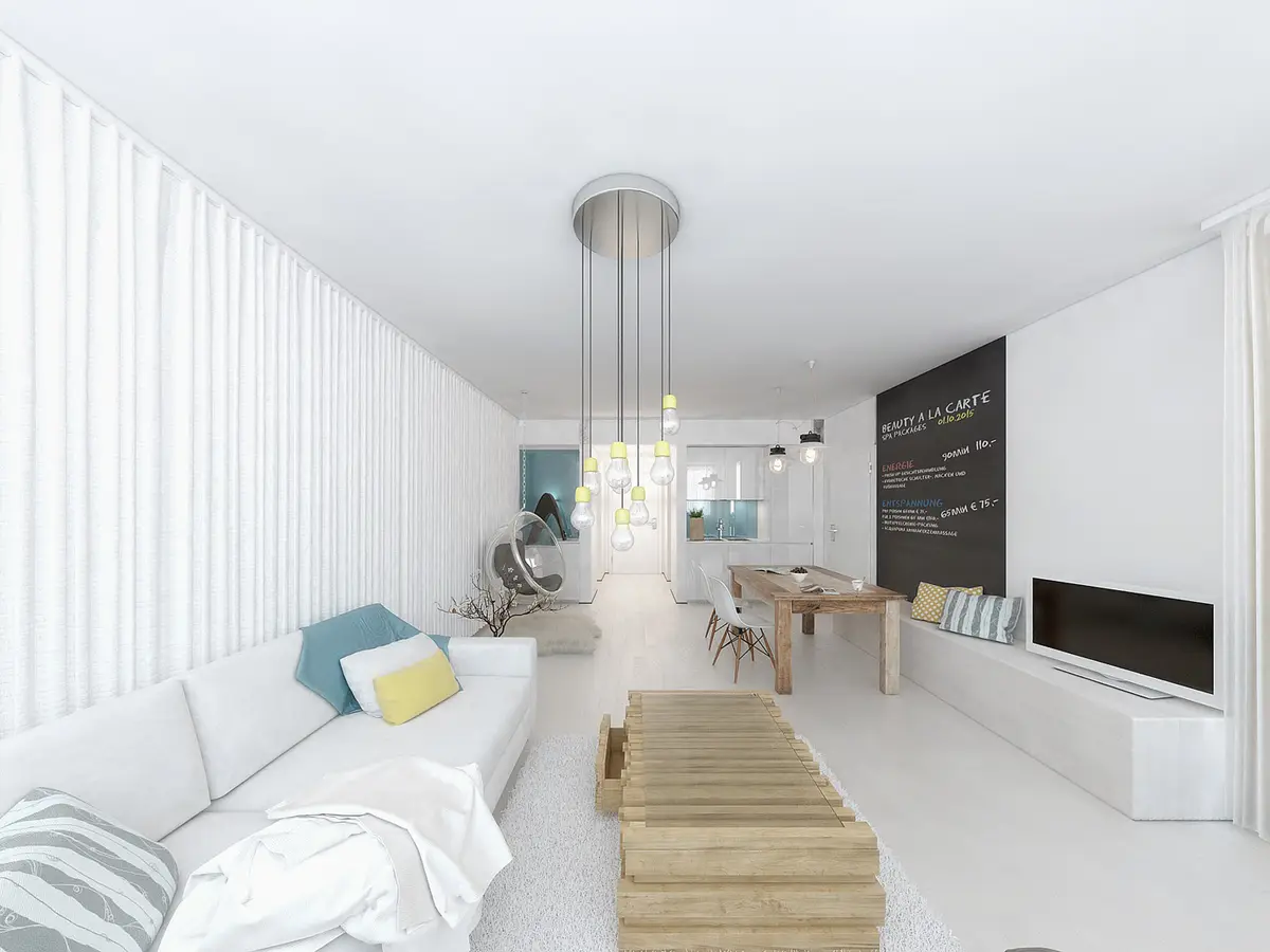 Relax Suite Modern — Wohnzimmer mit Designermöbeln und Tafel-Highlight