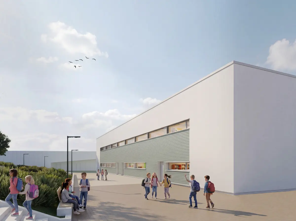 Schulzentrum Clemency Luxemburg — Rückansicht mit Pausenhof 3D Visualisierung