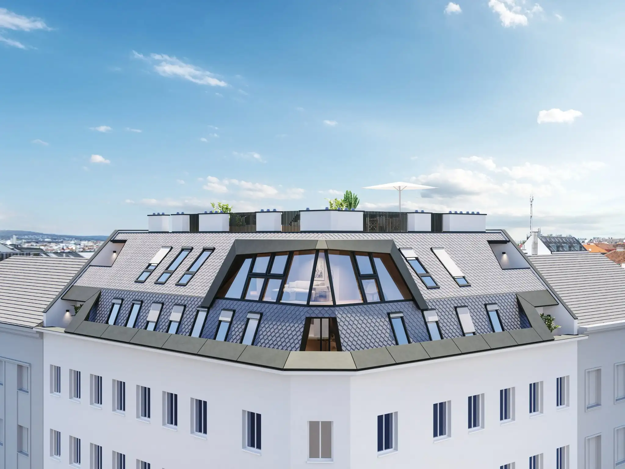 Spengergasse 14 Wien — Wohnbauprojekt Außenansicht 3D Visualisierung Dachgeschoss
